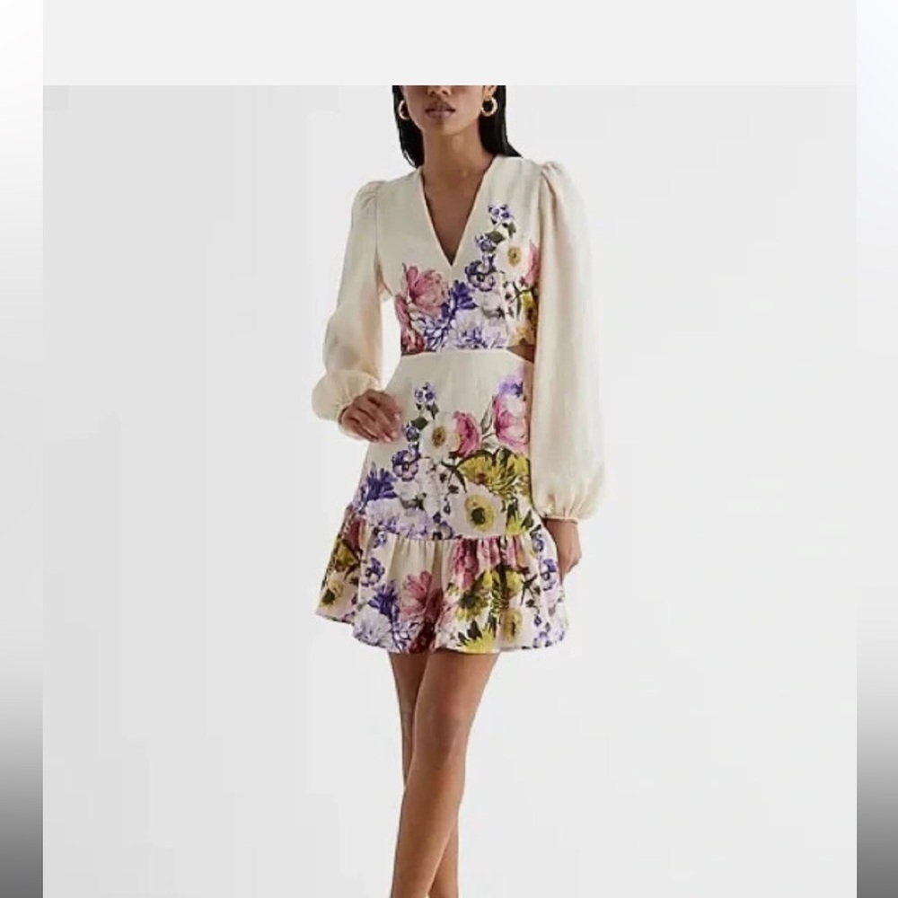 Express Floral Long Sleeve Dress With Side Cut Outs